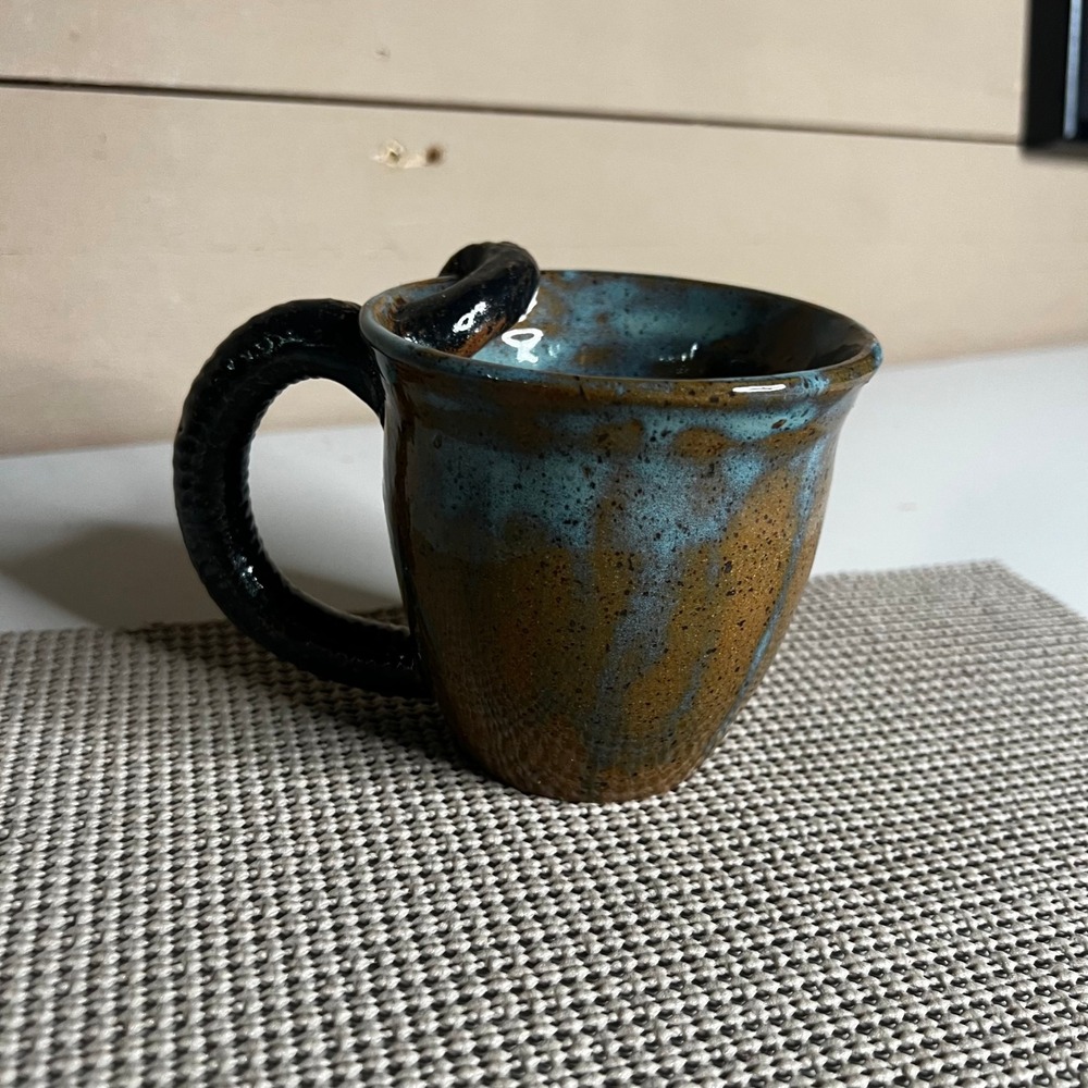 Handmade Studio Pottery Snake Mug Blue Brown Drip Glaze Serpent Coffee Cup Art
